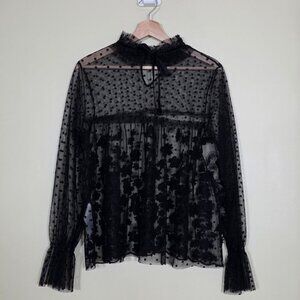 Rinascimento Top Womens L Black Sheer Floral Application LS Swiss Dot Whimsigoth